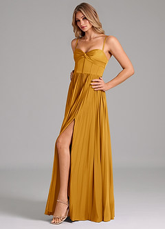 Azazie Akiko Brautjungfernkleider A-Linie Herzausschnitt Stretch-Satin Kleid Butterscotch image6