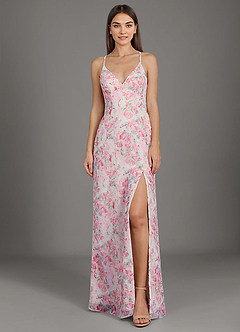 Azazie Becca Bridesmaid Dresses Abstract Watercolor Floral Sheath V-Neck Chiffon Dress image1