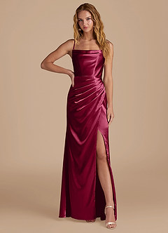 Azazie Marzia Bridesmaid Dresses Burgundy Mermaid Pleated Metallic Satin Dress image1