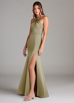 Azazie Rue Bridesmaid Dresses Moss Green A-Line Pleated Stretch Satin Dress image5