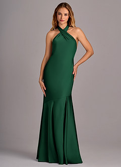 Azazie Lorena Robes de demoiselle d'honneur Robe Sirène en Satin extensible Plissée Vert Foncé image4