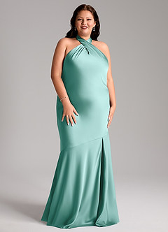 Azazie Lorena Bridesmaid Dresses Aqua Mermaid Pleated Stretch Satin Dress image9