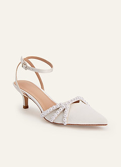 front Metallic Satin Pearl Pointed Toe Kitten Heel