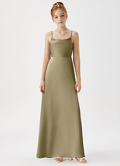 Azazie Shale Junior Robe Trapèze en Satin extensible Vert Mousse image6