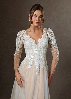 Azazie Essy Wedding Dresses Diamond White Champagne A-Line V-Neck Sequins Tulle Dress image3