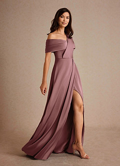 Azazie Milton Mother of the Bride Dresses Vintage Mauve A-Line Pleated Stretch Satin Dress image2