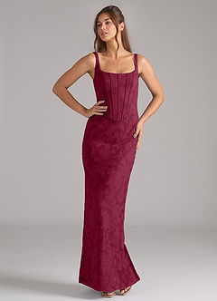 Azazie Kenna At-home Try On Dresses Burgundy Sheath Side Slit Floral Burnout Dress image5