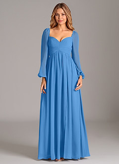 Azazie Bailee Vestidos de damas de honor Vestido de Azul Grisaceo de Gasa de Corte en A con Manga larga image7