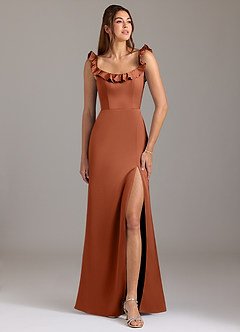 Azazie Callie Bridesmaid Dresses Cedar Rose A-Line Ruched Stretch Satin Convertible Dress image1