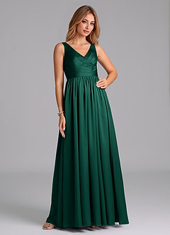 Azazie Keyla Bridesmaid Dresses Emerald A-Line Pleated Stretch Satin Dress image5