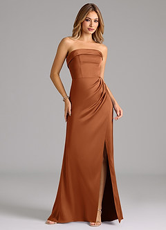 Azazie Aretha Robes de demoiselle d'honneur Robe Trapèze Convertible en Satin extensible Sans bretelles Cuivre image4