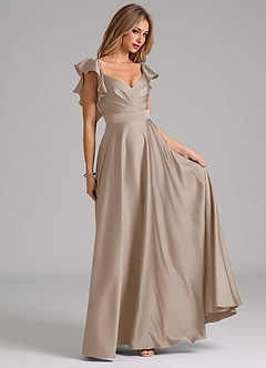 Azazie Leilani Vestidos de damas de honor Vestido Gris Pardo de Satén Elástico de Línea A con Drapeado image4