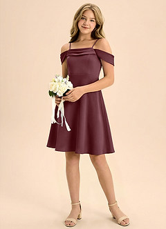 Azazie Anselie Junior Abito A-Line in Raso Elasticizzato Plissettato Sangria image1