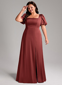 Azazie Fyona Robes de demoiselle d'honneur Robe Trapèze en Satin extensible Plissé Terracotta image4