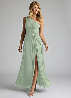 Azazie Brooke Bridesmaid Dresses Dusty Sage A-Line One Shoulder Mesh Dress image2