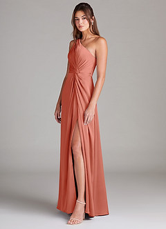 Azazie Brooke Robes de demoiselle d'honneur Robe Trapèze en Satin extensible Une épaule Rose Saumon image6