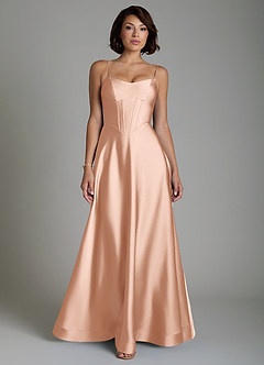 Azazie Nona Bridesmaid Dresses Rose Gold A-Line Pleated Stretch Satin Dress image1