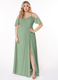 Azazie Dakota Vestidos de damas de honor Vestido de Matcha de Gasa de Corte en A con Cuello en V plisado image11