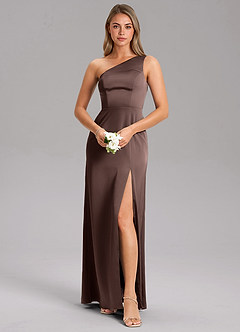 Azazie Phaedra At-home Try On Dresses Olive A-Line One Shoulder Stretch Satin Dress image1