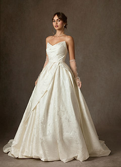 Azazie Allira Wedding Dresses Antique White Ball-Gown Strapless Floral Jacquard Dress image3