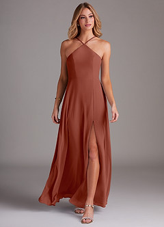 Azazie Bailey Bridesmaid Dresses Auburn A-Line Halter Side Slit Chiffon Dress image4