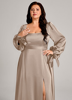 Azazie Leonia Bridesmaid Dresses Taupe A-Line Long Sleeve Stretch Satin Dress image2