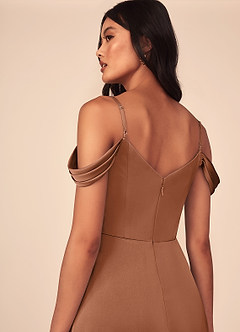 Azazie Ocean Bridesmaid Dresses Bronzer A-Line V-Neck Pleated Stretch Satin Dress image5