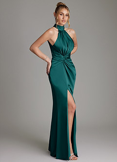 Azazie Gracelynn Abiti da Damigella Abito Tubino in Raso Elasticizzato Plissettato Verde Pavone image7