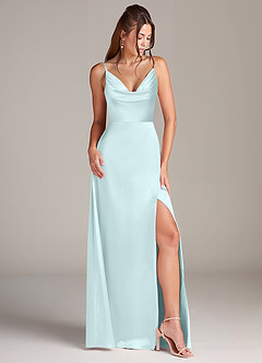 Azazie Sarella Bridesmaid Dresses Sea Glass A-Line Pleated Stretch Satin Dress image3