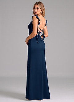 Azazie Jessamine Bridesmaid Dresses Dark Navy A-Line Corset Stretch Satin Dress image2