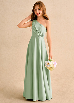 Azazie Puddles Junior Formal Jurken voor bloemenmeisjes A-Lijn Jurk van Mat Satijn One-Shoulder Stoffige Salie image6