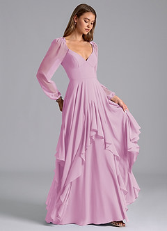 Azazie Karan Robes de demoiselle d'honneur Robe Trapèze en Mousseline de soie Manche longue Rose Bonbon image4