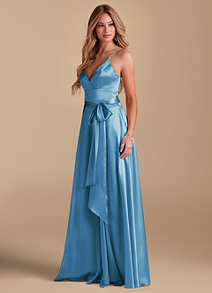 Azazie Sophia Final Sale Steel Blue A-Line with Pockets Metallic Satin Dress image5