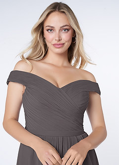 Azazie Audrianna Vestidos de damas de honor Vestido de Gris Acero de Gasa de Corte En A Convertible con Hombros descubiertos image5
