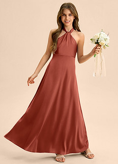 Azazie Beah Junior Linia A Pofałdowany Satyna elastyczna Długość podłogi Młodsza druhna Sukienka image5