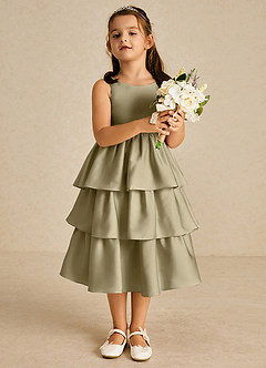 Azazie Margery vestidos de niña de las flores Vestido de Musgo Verde de Satén Elástico de Corte En A con Lazo image2