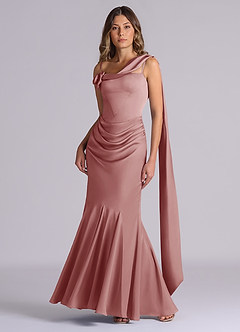 Azazie Inara Robes de demoiselle d'honneur Robe Sirène en Satin extensible Plissée Rose Poussiéreuse image4