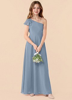 Azazie Arabella Junior Dusty Blue A-Line Ruched Chiffon Dress image4