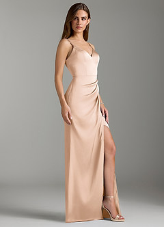 Azazie Leo Bridesmaid Dresses Blushing Pink Sheath Pleated Stretch Satin Dress image3