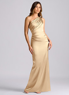 Azazie Akilah 신부 들러리 드레스 인어 한쪽 어깨 스트레치 새틴 바닥 길이 드레스 image1