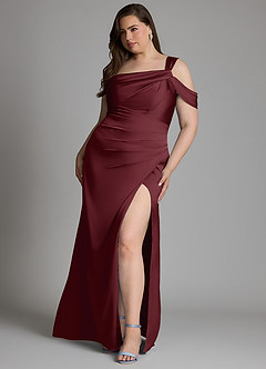 Azazie Wynter Vestidos de damas de honor Vestido Cabernet de Satén Elástico de Corte Recto con Un hombro image3