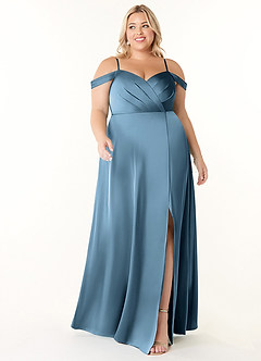 Azazie Ocean Robes de demoiselle d'honneur Robe Trapèze en Satin extensible Col V plissé Acier Bleuté image6