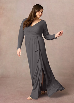 Azazie Risa Final Sale Steel Grey Mermaid V-Neck Pleated Mesh Dress image7