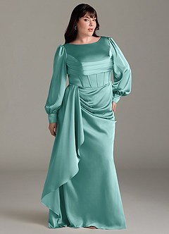 Azazie Raye Bridesmaid Dresses Aqua Mermaid Long Sleeve Stretch Satin Dress image9