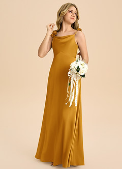 Azazie Gumdrop Junior Butterscotch Empire Pleated Stretch Satin Dress image4