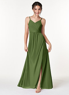 Azazie Luxy Junior Olive Pleated Mesh Dress image1
