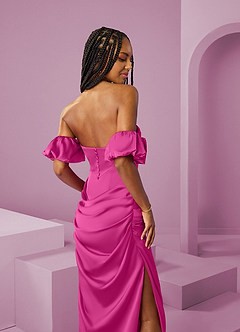 Barbie ♥ Azazie Bridesmaid Dresses Fuchsia Sheath Off the Shoulder Stretch Satin Convertible Dress image7