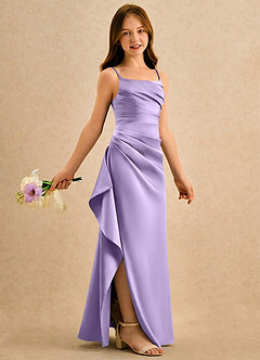 Azazie Cannoli Girls Formal Blumenmädchenkleider A-Linie Plissee Matte Satin Kleid Flieder image1