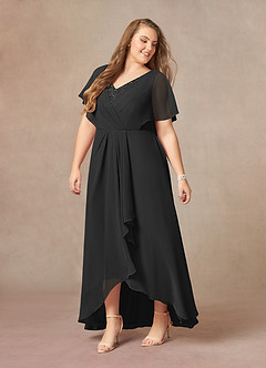 Azazie Eliza Mother of the Bride Dresses Black A-Line V-Neck Pleated Chiffon Dress image3