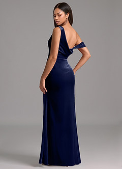 Azazie Madelyn Vestidos de damas de honor Vestido de Azul Marino Oscuro de terciopelo de Corte Recto con Hombro unilateral image5
